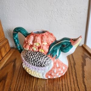 VINTAGE WHIMSICAL COLORFUL HANDPAINTED WOOD DUCK CERAMIC TEAPOT